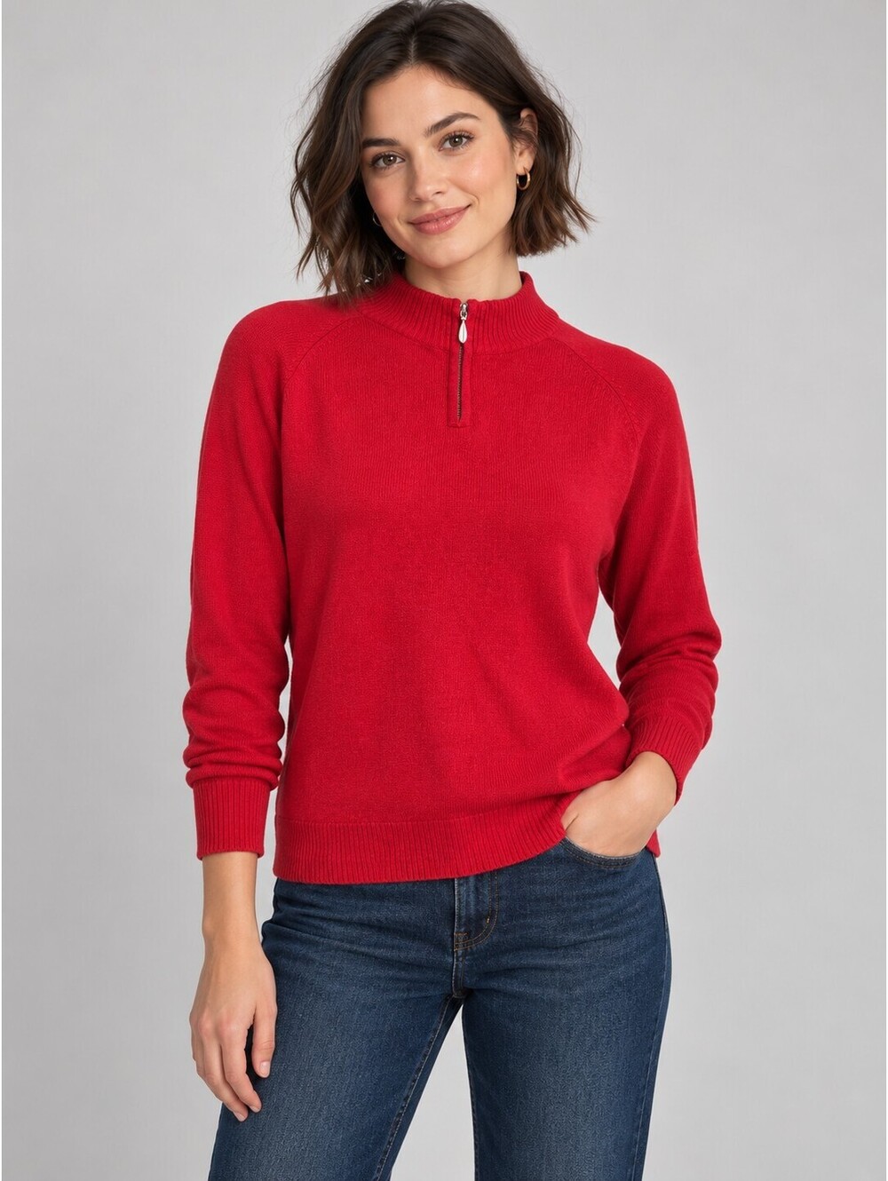 ALIA Red Quarter-Zip Knit Sweater | Preppy Mock Neck Pullover L